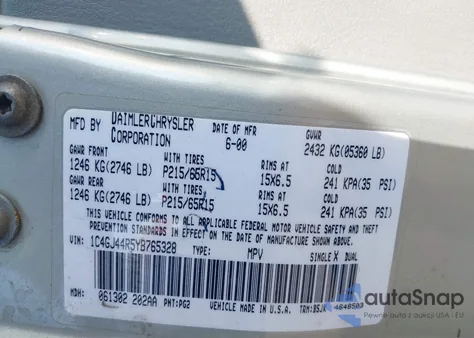 2000 Chrysler Grand Voyager Se z USA, uszkodzony, nr VIN 1C4GJ44R5YB765328